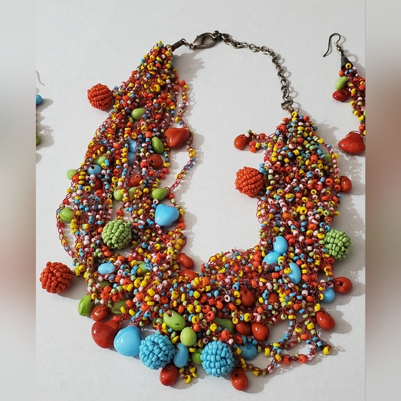 Set earrings necklace seed beads czech hearts Artisan handmade vintage estate - Picture 6 of 16